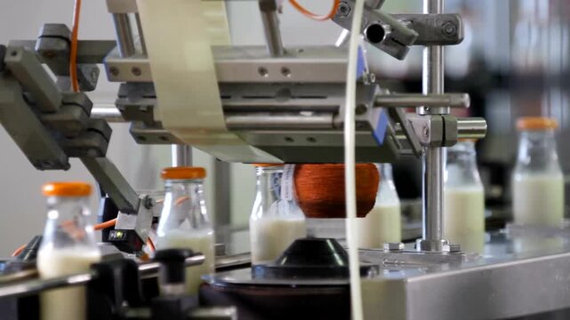 Automated labeling machine applying labels to small milk bottles on dairy production line