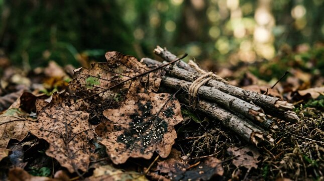 Bundle of wooden kindling sticks tied with rustic twine on autumn forest ground with dry oak leaves, first day of fall concept, seasonal woodland nature.