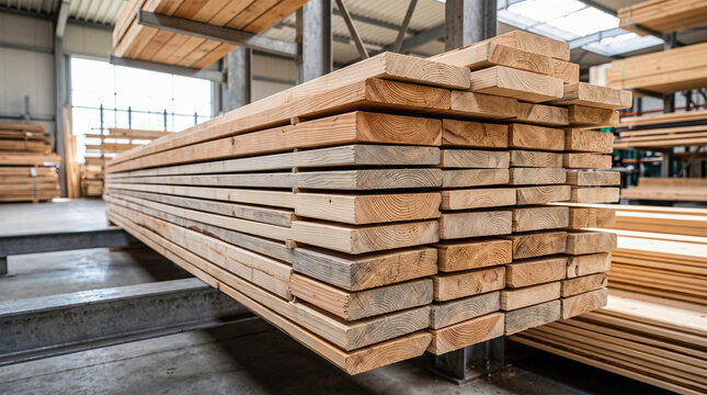 Large heavy stacks of raw pine wooden planks resting upon strong metal racks inside massive industrial hardware store timber storage warehouse facility