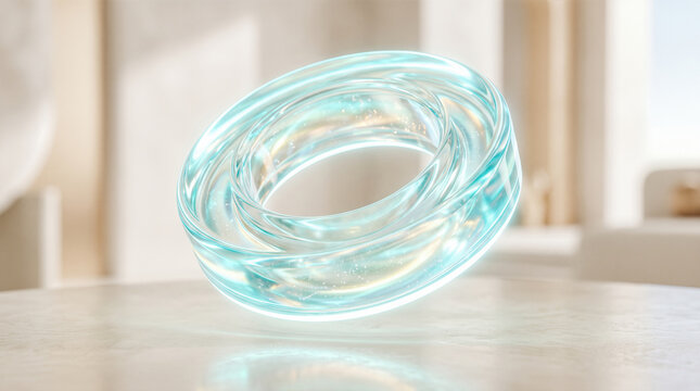 Glowing transparent glass ring floating above textured beige stone table illuminated by bright iridescent light reflections against blurred indoor architectural background