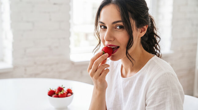 Smiling brunette woman eating fresh juicy red strawberry holding raw fruit towards mouth sitting beside white dining table inside bright modern home kitchen