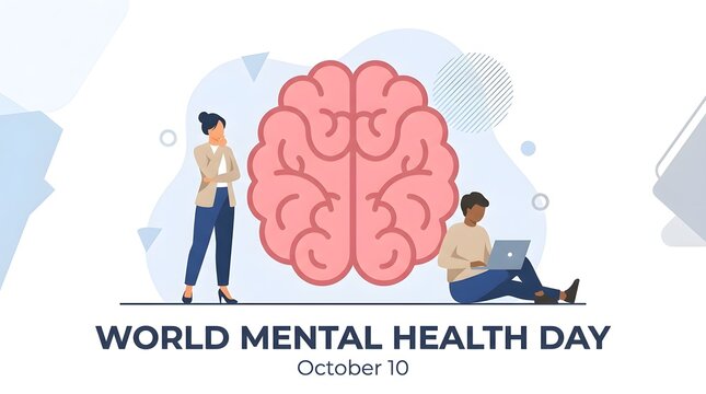 Illustration showing a large human brain with people working and standing to promote awareness for world mental health day