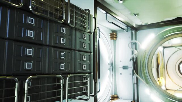 Sealed sample vault inside space station research module with labeled containers, climate control panels, white lighting, precise organization, scientific