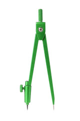 Bright green metal drawing compass with sharp points stands upright on a clean white background, ready for geometric tasks © Chinases
