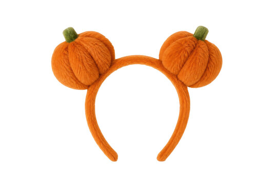 Vibrant orange fluffy pumpkin headband with green stems, perfect for Halloween, is isolated on a clean white background