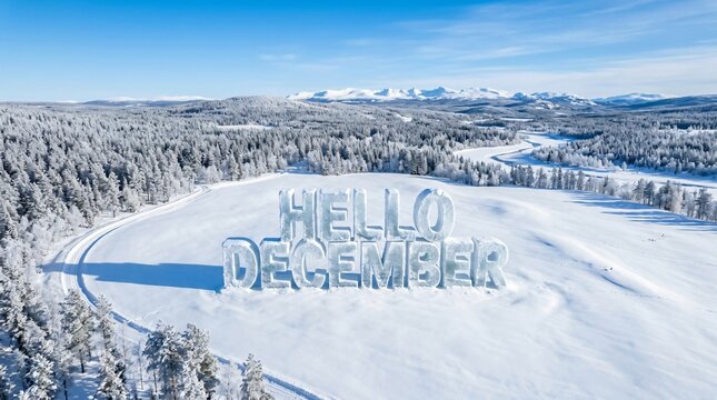 Hello December 3D ice text standing in snowy winter landscape with pine forest and mountains under bright sunny sky.