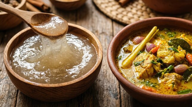 Traditional sago porridge is served with spicy yellow fish curry.