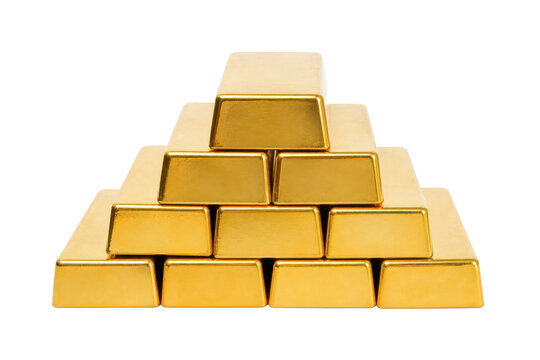 Pyramid of shiny gold bars stacked neatly, showcasing wealth and investment on a clean white background