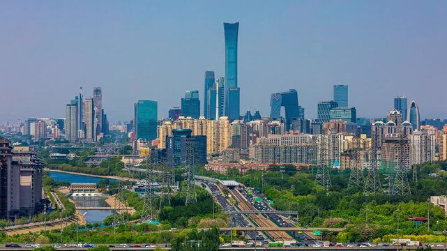 Beijing China Skyline with Modern Skyscrapers and Highway Traffic