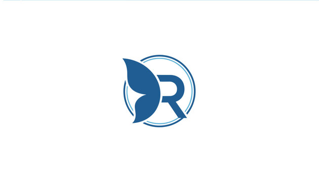 Creative logo design featuring the letter R integrated with a stylized blue butterfly wing inside a double circle frame.