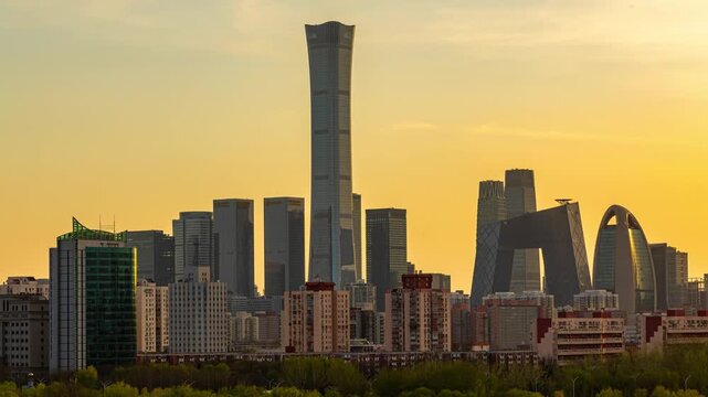 Beijing skyline at sunset with modern skyscrapers in China in Beijing, China