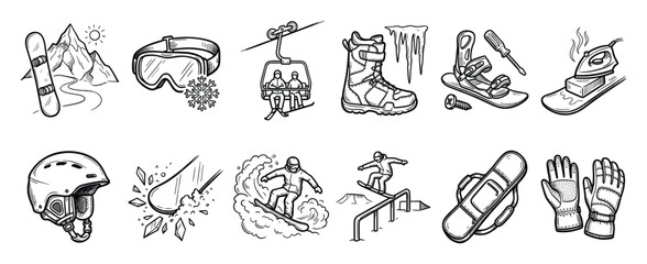 Fototapeta premium Set of snowboarding icons. Winter sport equipment, snowboarder activities, gear, mountain recreation, ski resort elements, cold weather essentials, outdoor adventure symbols.