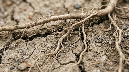 Fototapeta premium Macro Detail of Dry Soil with Exposed Plant Roots extreme close-up dehydrated earth fragile soil structure fine root systems parched ground drought impact environmental stress land