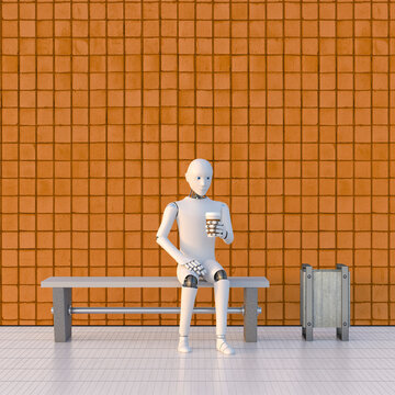 Robot sitting on bench at platform, drinking coffee