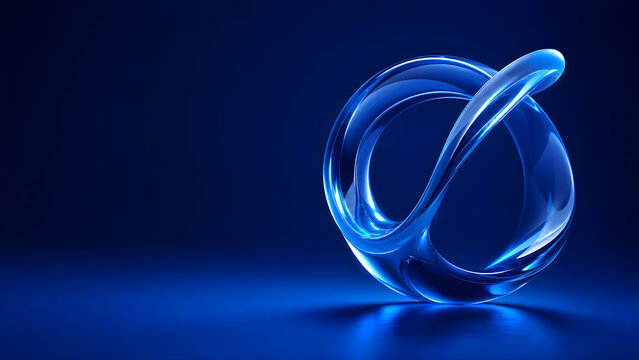 Abstract 3D glossy blue glass intersecting ring symbol on a dark background with copy space