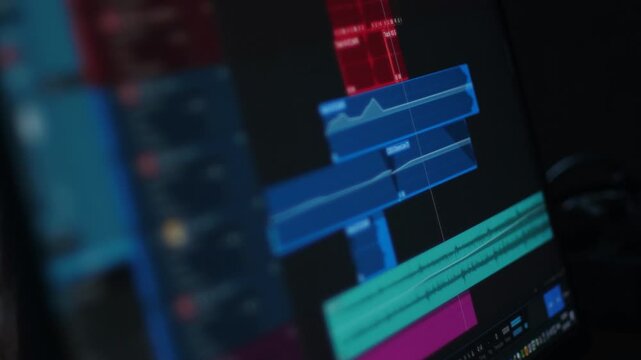 Close-up of a computer monitor displaying the interface of professional video editing and audio processing software. The timeline shows the editing process of colorful audio tracks 