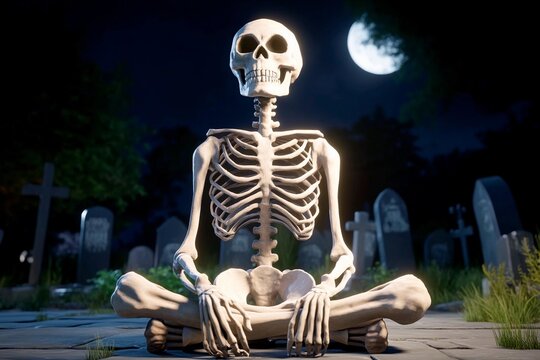 Skeleton sits cross legged in graveyard under full moonlight