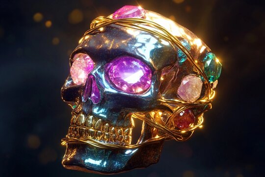 Glowing gemstone skull resting on dark surface with intricate details