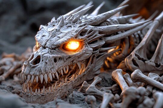 Skeletal dragon skull with glowing eyes resting on rocky landscape at dusk