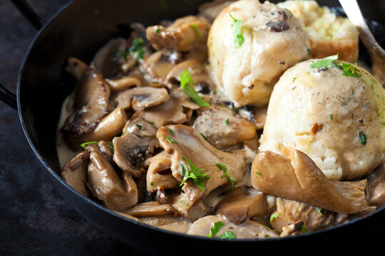 Mushrooms and bread dumpling in cream sauce