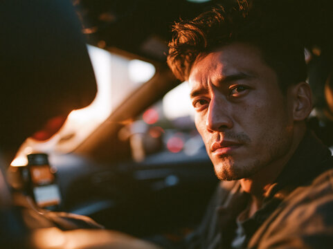 An intense Asian man with messy dark hair and light stubble sits in a car at night, turning to look back over his shoulder toward the passenger seat, his face half-lit by a warm golden glow from outsi