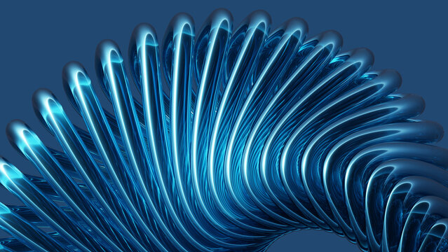 A shiny blue metallic spiral structure forms a futuristic background