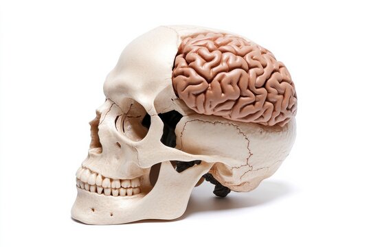 Anatomical human skull model with exposed brain isolated on white background