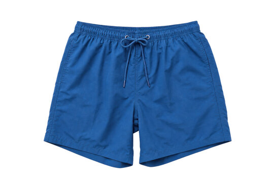 Single blue men's swim trunk, featuring an elastic waistband and drawstring, is neatly displayed on a clean white background