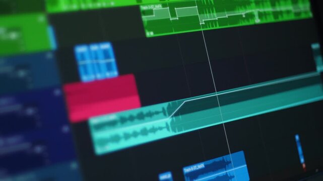 Close up shot of a computer monitor displaying an audio and video editing software timeline. Playhead moves across digital sound tracks 