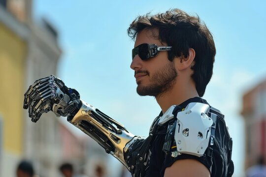 Portrait of confident man standing outdoors wearing robotic bionic prosthetic arm