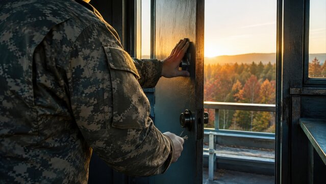 Soldier opening observation post door at sunrise