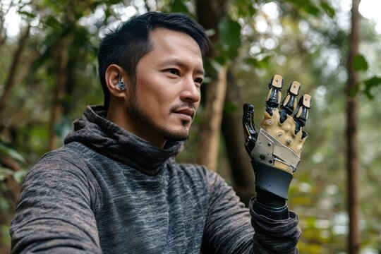 Handsome athletic man with bionic prosthetic hand walking in forest outdoors