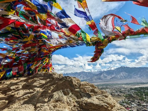 Buddhist prayer flags over the city of Leh,India