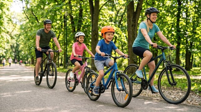 Parents and children ride bicycles together on shaded forest path. Concept of bike safety, family recreation and cycling services.