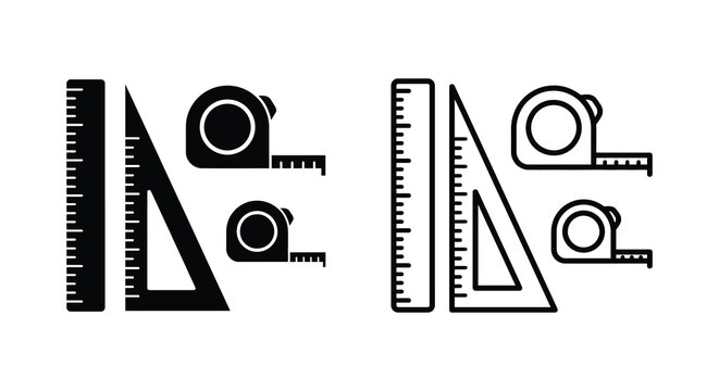 Drafting tools including ruler set square and camera illustrations in black line art