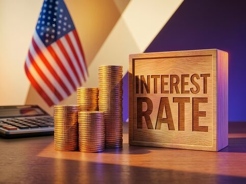 USA interest rate and monetary policy. Fed reserve interest rate. Borrowing costs, inflation control, financial markets, banking decisions, economic growth. US monetary policy, central banking