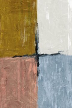 The abstract painting displays modern color blocks and rough texture