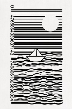 Conceptual barcode art depicts a paper boat sailing on ocean waves