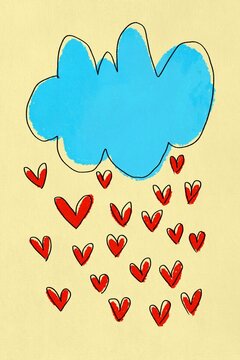 A blue cloud rains red hearts on a yellow background