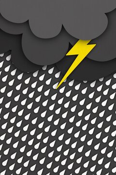 Papercut illustration depicts a dark thunderstorm with lightning
