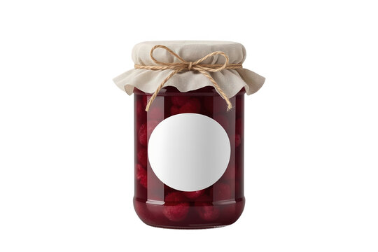 Glass jar of red fruit jam with blank round label