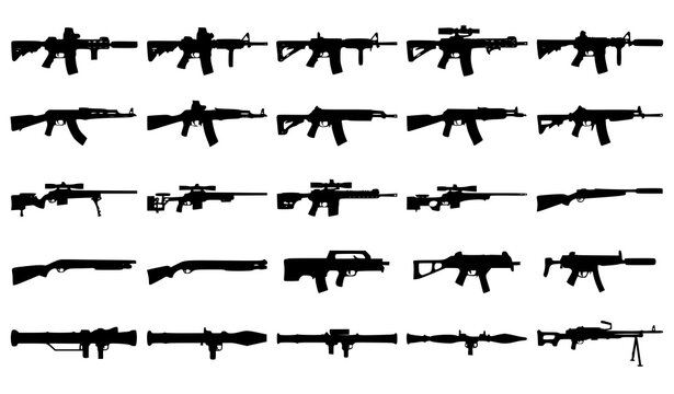 Military Weapons Silhouette Icon Set with Assault Rifles Sniper Guns Shotguns Submachine Guns and Rocket Launchers for Gaming Combat and Security Graphic Designs