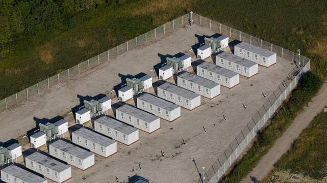 Aerial drone view shows a battery energy storage system facility