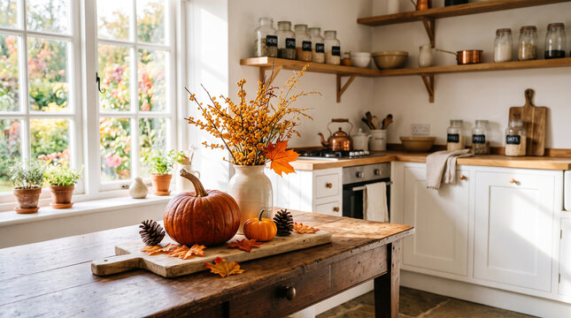 Warm autumn kitchen scene with pumpkins, fall leaves, and decorative branches, evoking harvest and cozy home comfort