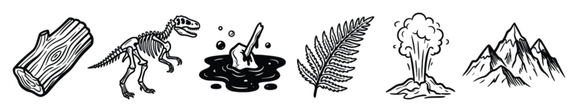 Set of prehistoric natural history icons. Dinosaur skeleton, ancient log, tar pit, fern, erupting volcano, mountain range outline symbols.
