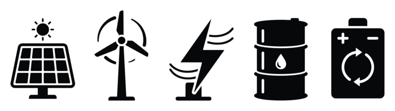 Set of energy icons. Renewable power, sustainable sources, electricity, fossil fuel, battery storage symbols. Solar, wind, oil, battery graphic signs.
