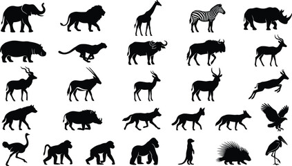 Fototapeta premium Set of wild animals silhouettes on white background with safari animals