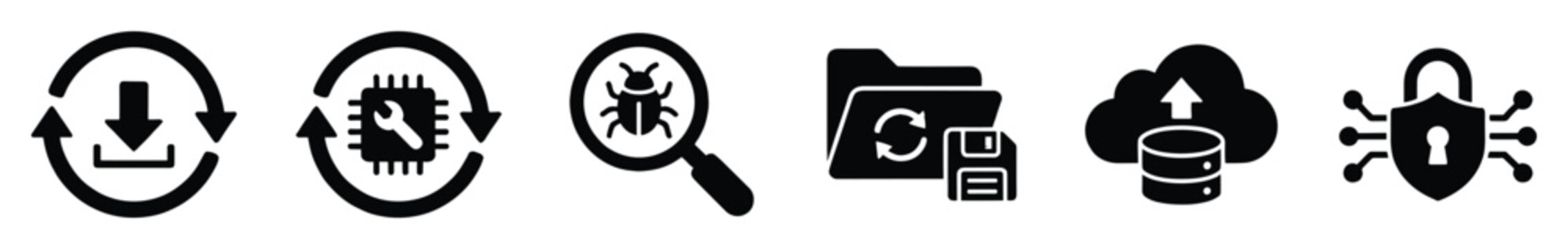 Set of technology icons. Digital data download, system update repair, bug detection, folder backup, cloud database upload, cyber security symbols.