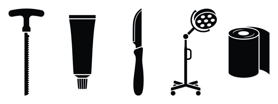 Set of medical tools icons. Surgical instruments, hospital equipment, doctor supplies symbols. Healthcare pictograms, flat solid black silhouettes.