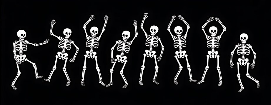 Group of dancing skeletons isolated on black background for Halloween party design
